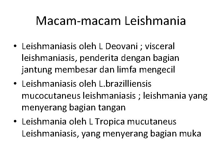 Macam-macam Leishmania • Leishmaniasis oleh L Deovani ; visceral leishmaniasis, penderita dengan bagian jantung Macam-macam Leishmania • Leishmaniasis oleh L Deovani ; visceral leishmaniasis, penderita dengan bagian jantung