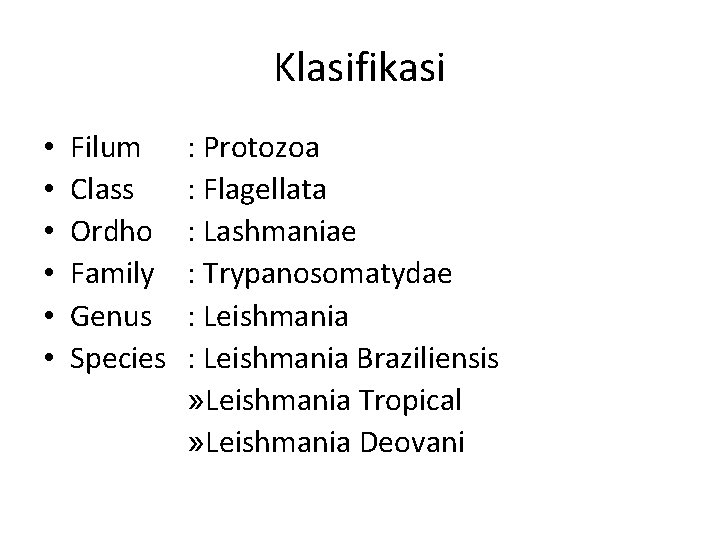 Klasifikasi • • • Filum Class Ordho Family Genus Species : Protozoa : Flagellata Klasifikasi • • • Filum Class Ordho Family Genus Species : Protozoa : Flagellata