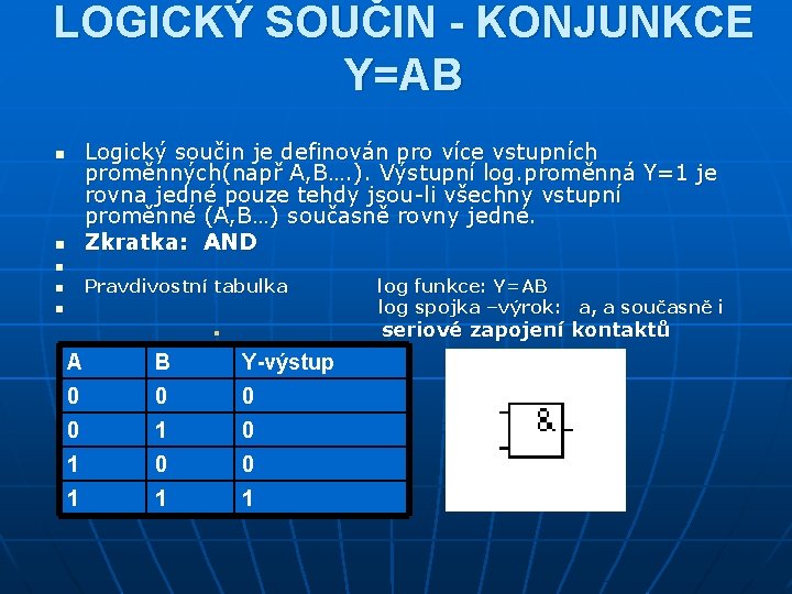 LOGICKÝ SOUČIN - KONJUNKCE Y=AB Logický součin je definován pro více vstupních proměnných(např A,