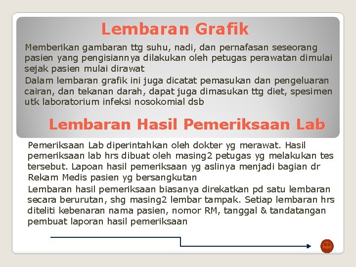 Lembaran Grafik Memberikan gambaran ttg suhu, nadi, dan pernafasan seseorang pasien yang pengisiannya dilakukan