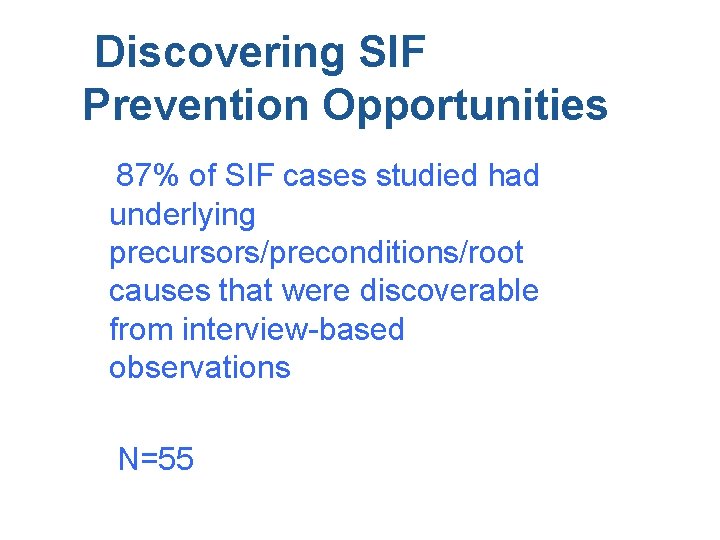 Discovering SIF Prevention Opportunities 87% of SIF cases studied had underlying precursors/preconditions/root causes that