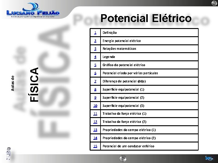 FÍSICA Aulas de Potencial Elétrico 1 Definição 2 Energia potencial elétrica 3 Relações matemáticas