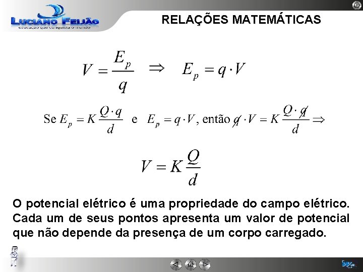 RELAÇÕES MATEMÁTICAS O potencial elétrico é uma propriedade do campo elétrico. Cada um de