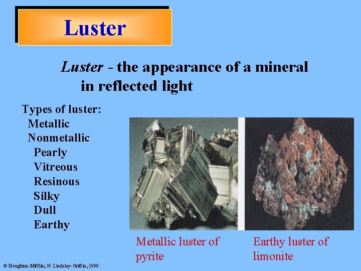 Luster - the appearance of a mineral in reflected light Types of luster: Metallic