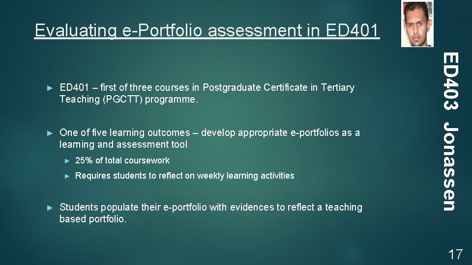 Evaluating e-Portfolio assessment in ED 401 – first of three courses in Postgraduate Certificate