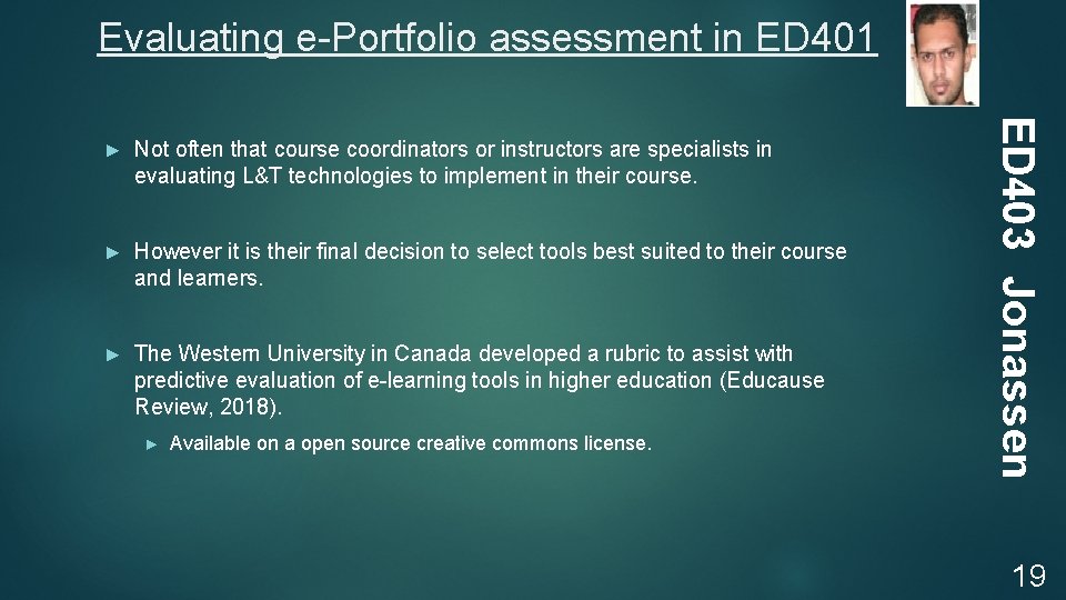 Evaluating e-Portfolio assessment in ED 401 Not often that course coordinators or instructors are