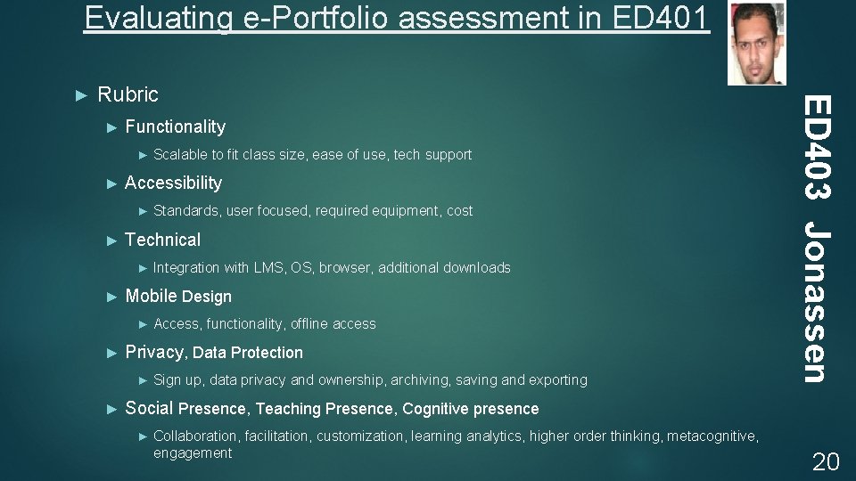 Evaluating e-Portfolio assessment in ED 401 Rubric ► Functionality ► ► Accessibility ► ►