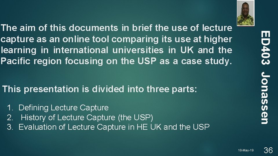 ED 403 Jonassen The aim of this documents in brief the use of lecture