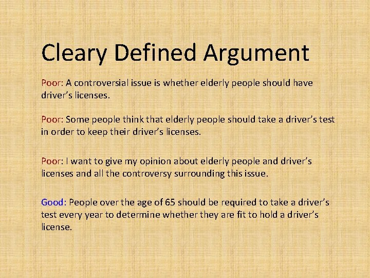 Cleary Defined Argument Poor: A controversial issue is whether elderly people should have driver’s