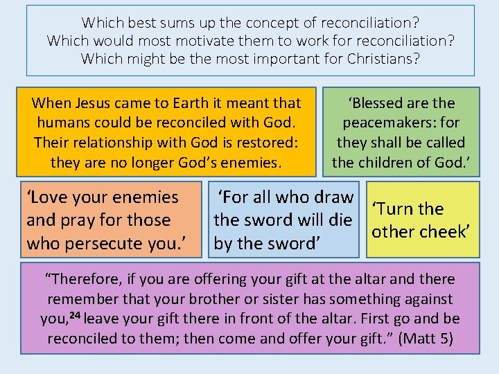 Which best sums up the concept of reconciliation? Which would most motivate them to