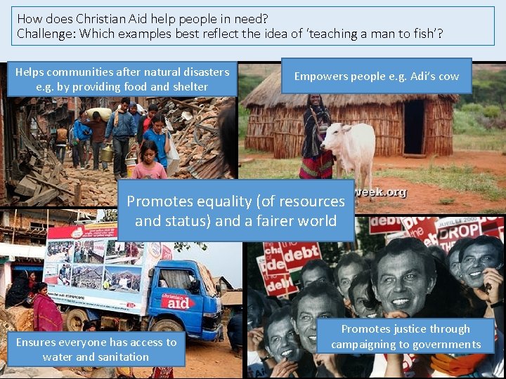 How does Christian Aid help people in need? Challenge: Which examples best reflect the