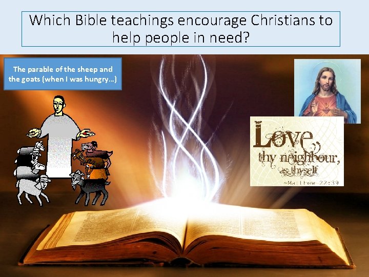Which Bible teachings encourage Christians to help people in need? The parable of the