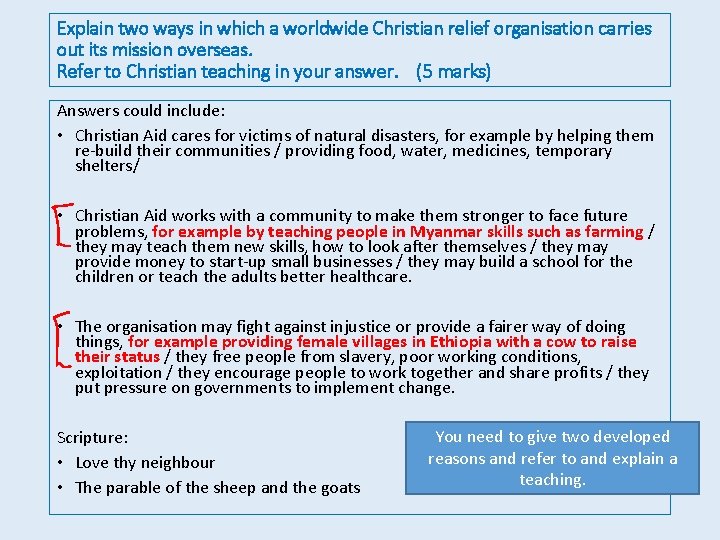 Explain two ways in which a worldwide Christian relief organisation carries out its mission