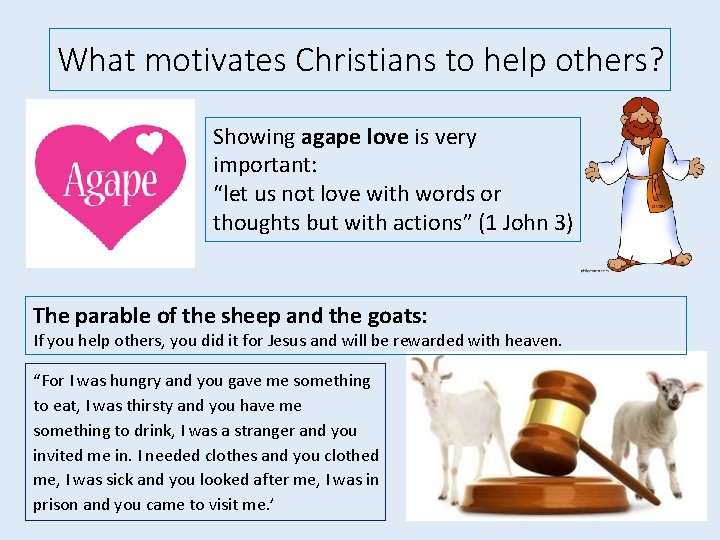 What motivates Christians to help others? Showing agape love is very important: “let us