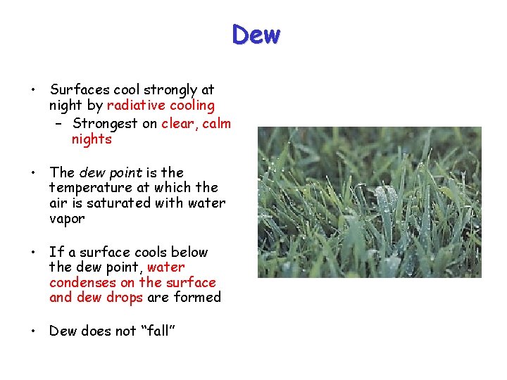 Dew • Surfaces cool strongly at night by radiative cooling – Strongest on clear,
