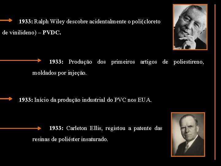 1933: Ralph Wiley descobre acidentalmente o poli(cloreto de vinilideno) – PVDC. 1933: Produção dos