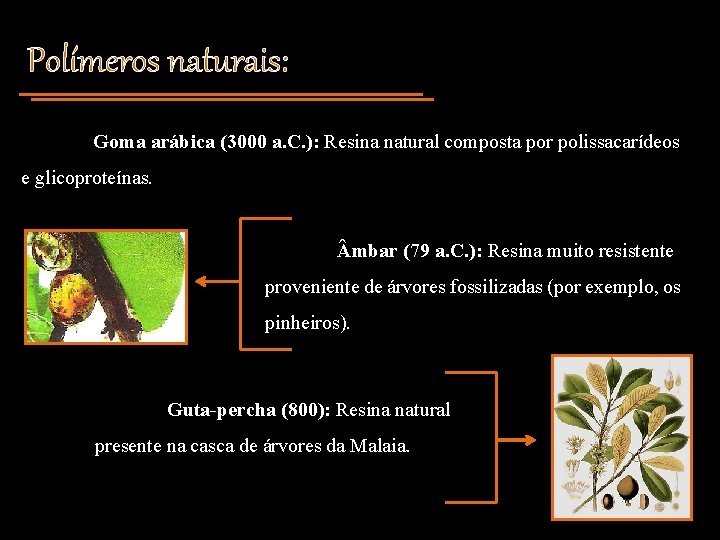Polímeros naturais: Goma arábica (3000 a. C. ): Resina natural composta por polissacarídeos e