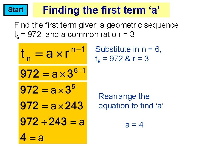 Start Finding the first term ‘a’ Find the first term given a geometric sequence