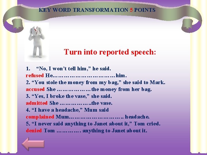 KEY WORD TRANSFORMATION 5 POINTS Turn into reported speech: 1. “No, I won’t tell