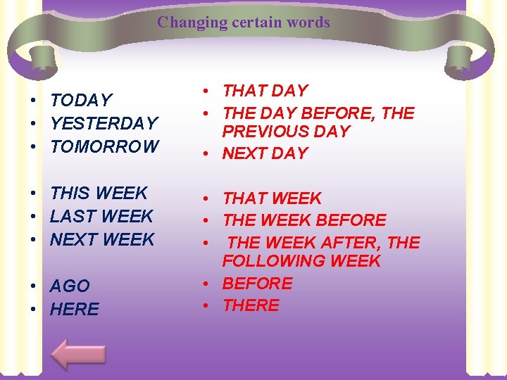 Changing certain words • TODAY • YESTERDAY • TOMORROW • THIS WEEK • LAST