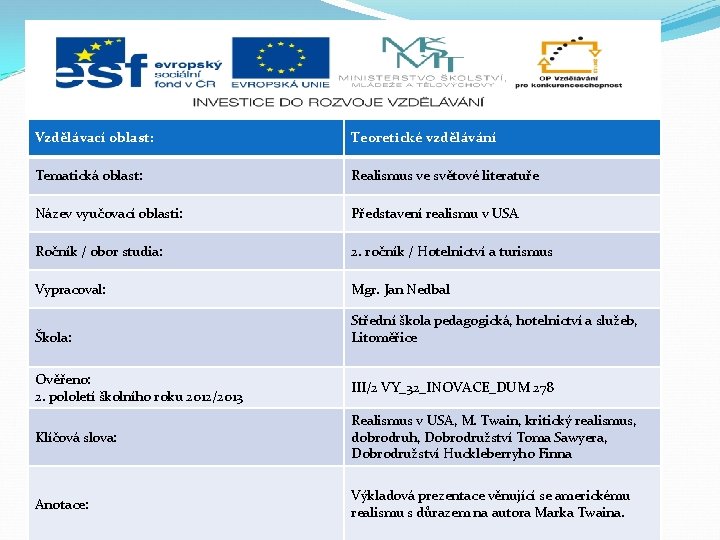 Vzdělávací oblast: Teoretické vzdělávání Tematická oblast: Realismus ve světové literatuře Název vyučovací oblasti: Představení