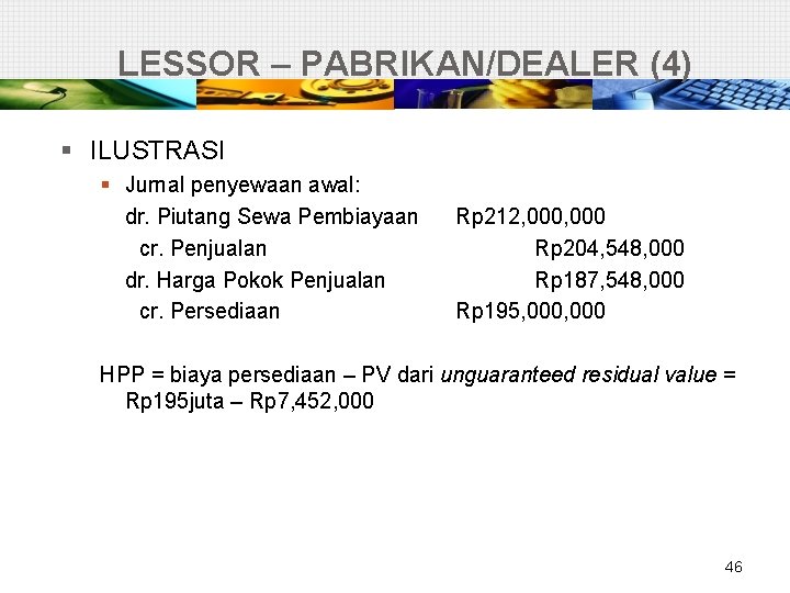 LESSOR – PABRIKAN/DEALER (4) § ILUSTRASI § Jurnal penyewaan awal: dr. Piutang Sewa Pembiayaan