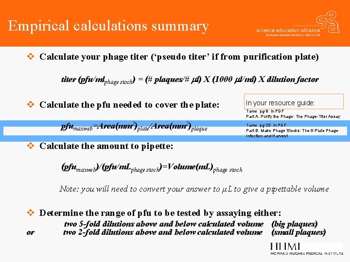 Empirical calculations summary v Calculate your phage titer (‘pseudo titer’ if from purification plate)