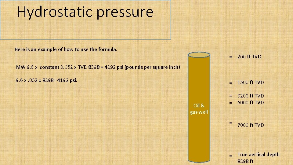 Hydrostatic pressure Here is an example of how to use the formula. = 200