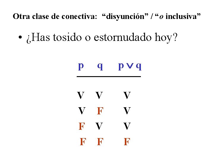 Otra clase de conectiva: “disyunción” / “o inclusiva” • ¿Has tosido o estornudado hoy?