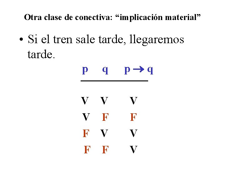 Otra clase de conectiva: “implicación material” • Si el tren sale tarde, llegaremos tarde.