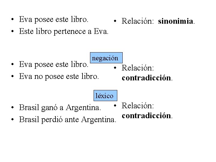  • Eva posee este libro. • Relación: sinonimia. • Este libro pertenece a