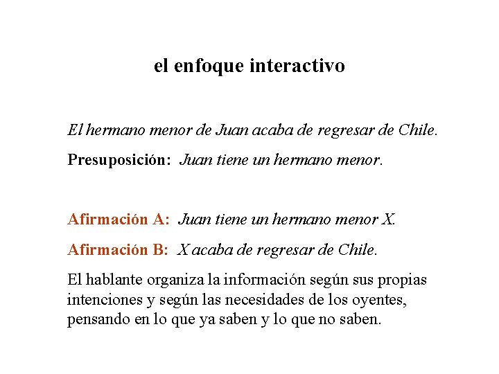 el enfoque interactivo El hermano menor de Juan acaba de regresar de Chile. Presuposición: