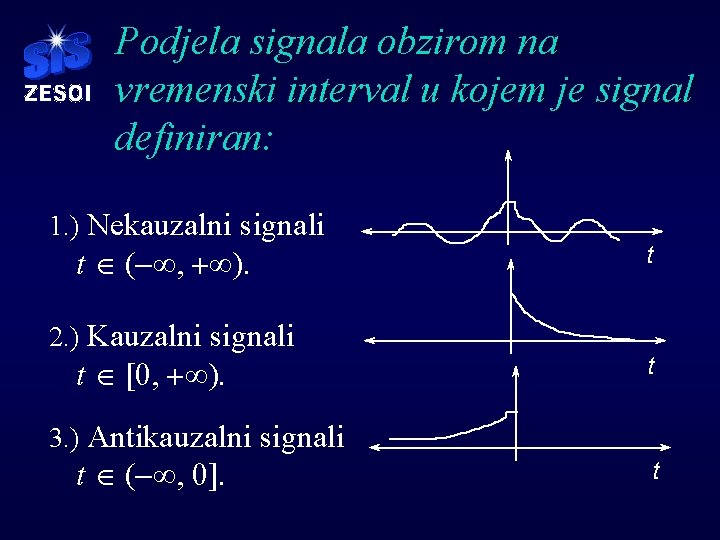 Podjela signala obzirom na vremenski interval u kojem je signal definiran: 1. ) Nekauzalni