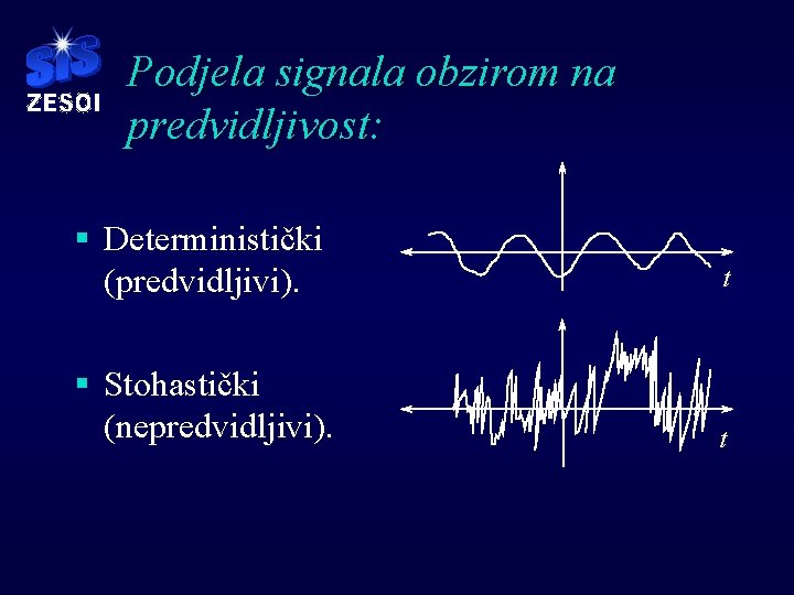 Podjela signala obzirom na predvidljivost: § Deterministički (predvidljivi). t § Stohastički (nepredvidljivi). t 