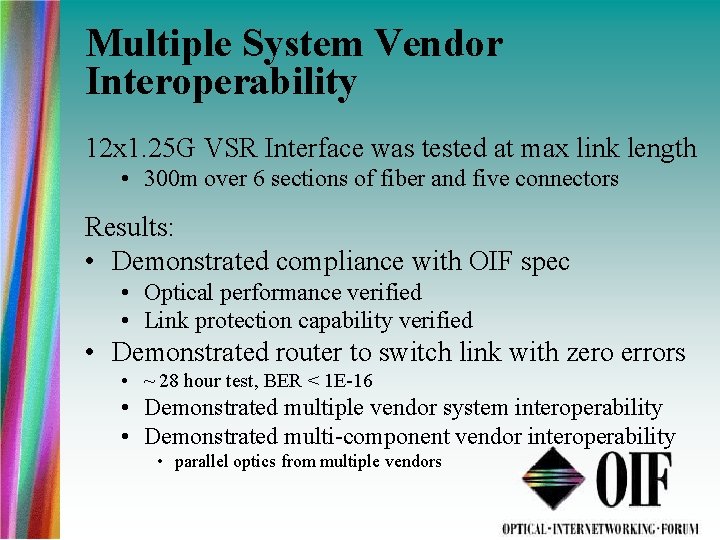 Multiple System Vendor Interoperability 12 x 1. 25 G VSR Interface was tested at