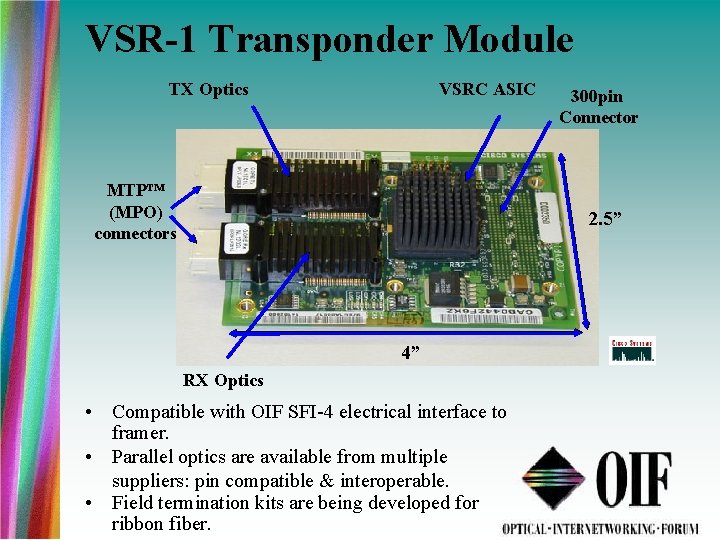 VSR-1 Transponder Module TX Optics VSRC ASIC MTP™ (MPO) connectors 300 pin Connector 2.