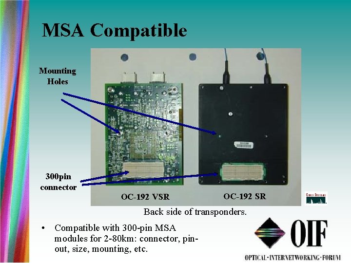 MSA Compatible Mounting Holes 300 pin connector OC-192 VSR OC-192 SR Back side of