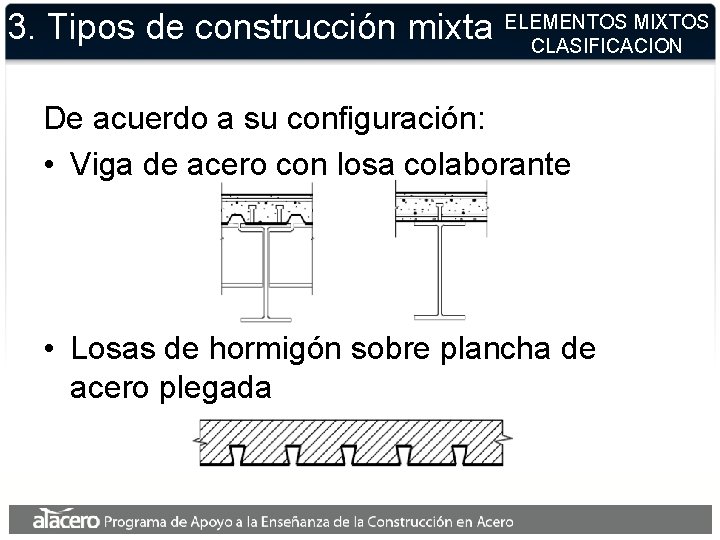 3. Tipos de construcción mixta ELEMENTOS MIXTOS CLASIFICACION De acuerdo a su configuración: •