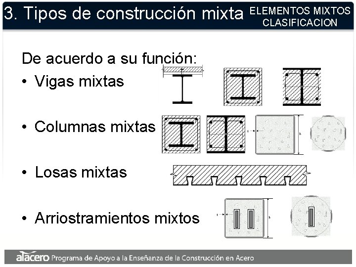 3. Tipos de construcción mixta De acuerdo a su función: • Vigas mixtas •