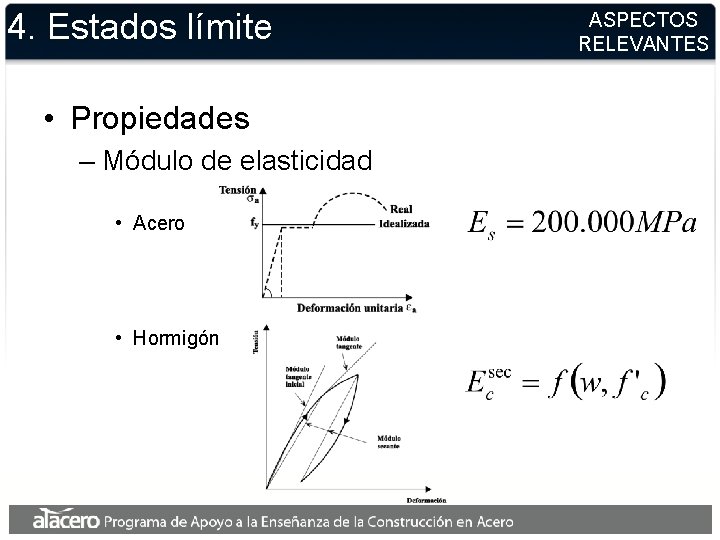 4. Estados límite • Propiedades – Módulo de elasticidad • Acero • Hormigón ASPECTOS