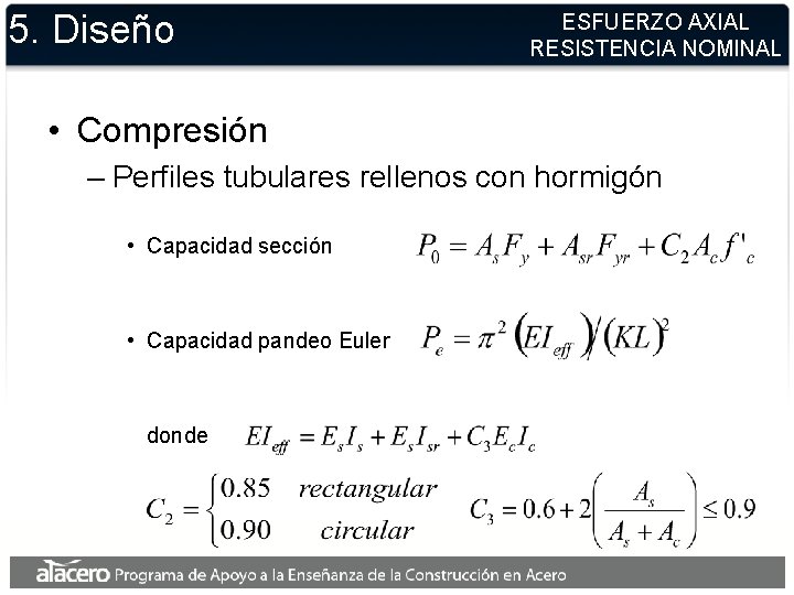 5. Diseño ESFUERZO AXIAL RESISTENCIA NOMINAL • Compresión – Perfiles tubulares rellenos con hormigón