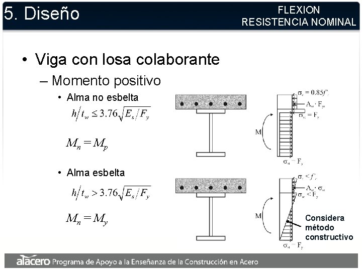 5. Diseño FLEXION RESISTENCIA NOMINAL • Viga con losa colaborante – Momento positivo •