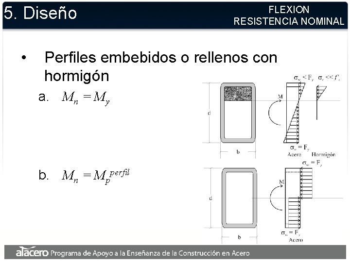 5. Diseño • FLEXION RESISTENCIA NOMINAL Perfiles embebidos o rellenos con hormigón a. Mn