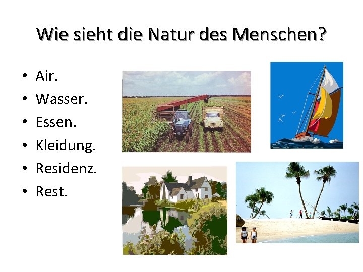 Wie sieht die Natur des Menschen? • • • Air. Wasser. Essen. Kleidung. Residenz.