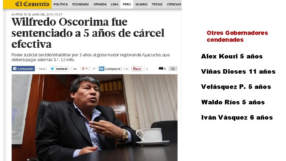 Otros Gobernadores condenados Alex Kouri 5 años Viñas Dioses 11 años Velásquez P. 5