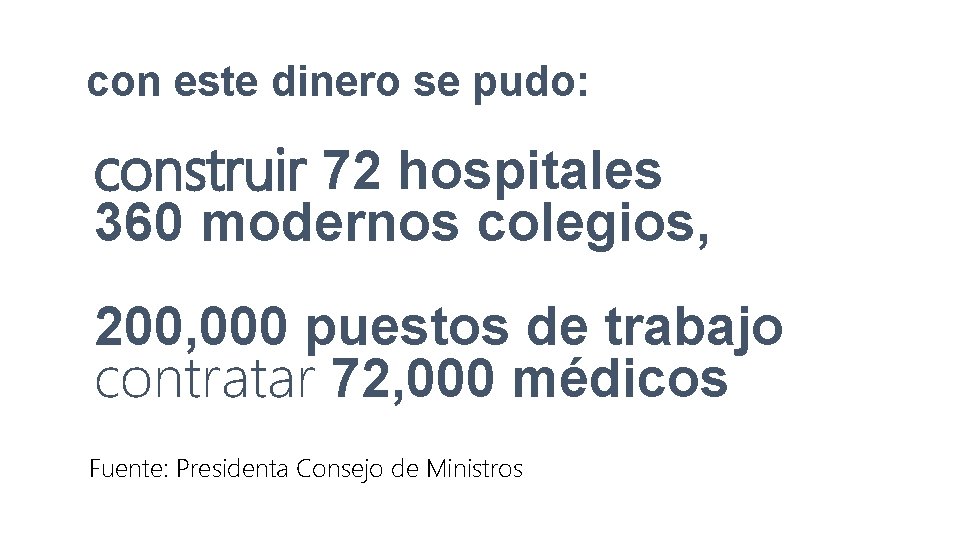 con este dinero se pudo: construir 72 hospitales 360 modernos colegios, 200, 000 puestos