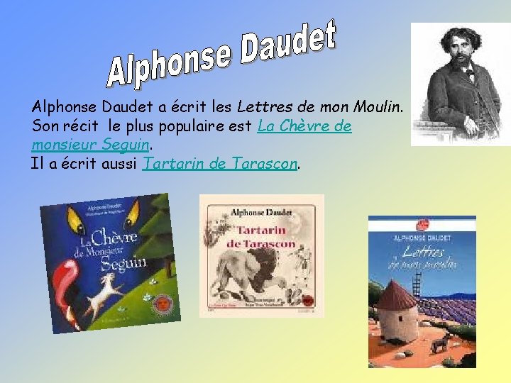 Alphonse Daudet a écrit les Lettres de mon Moulin. Son récit le plus populaire