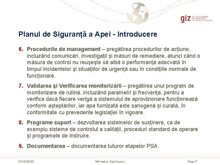 Planul de Siguranță a Apei - Introducere 6. Procedurile de management – pregătirea procedurilor