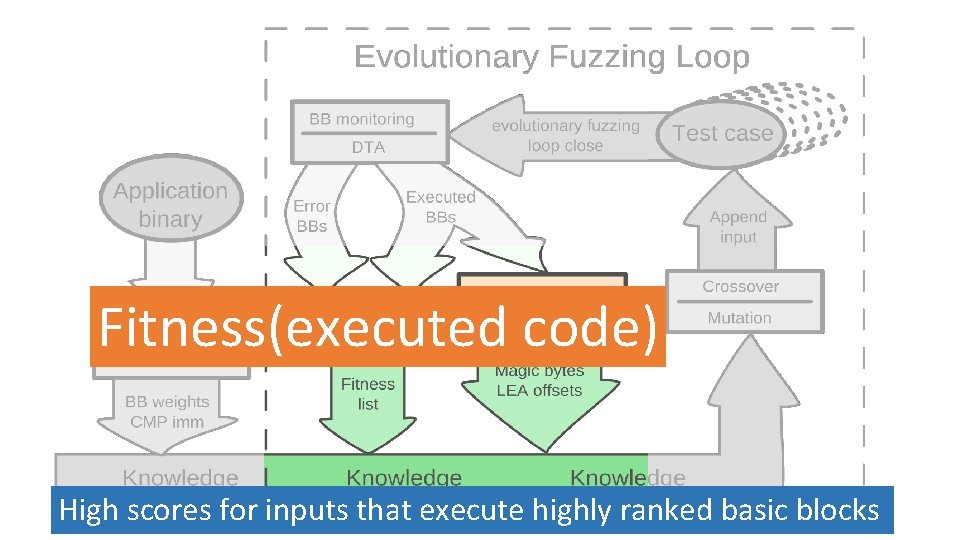 Fitness(executed code) High scores for inputs that execute highly ranked basic blocks 
