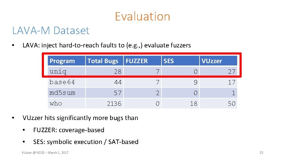 LAVA-M Dataset • LAVA: inject hard-to-reach faults to (e. g. , ) evaluate fuzzers